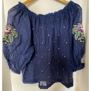 Sundance Women's XS Water Garden Embroider Floral Silk Blue Boho Peasant EUC!